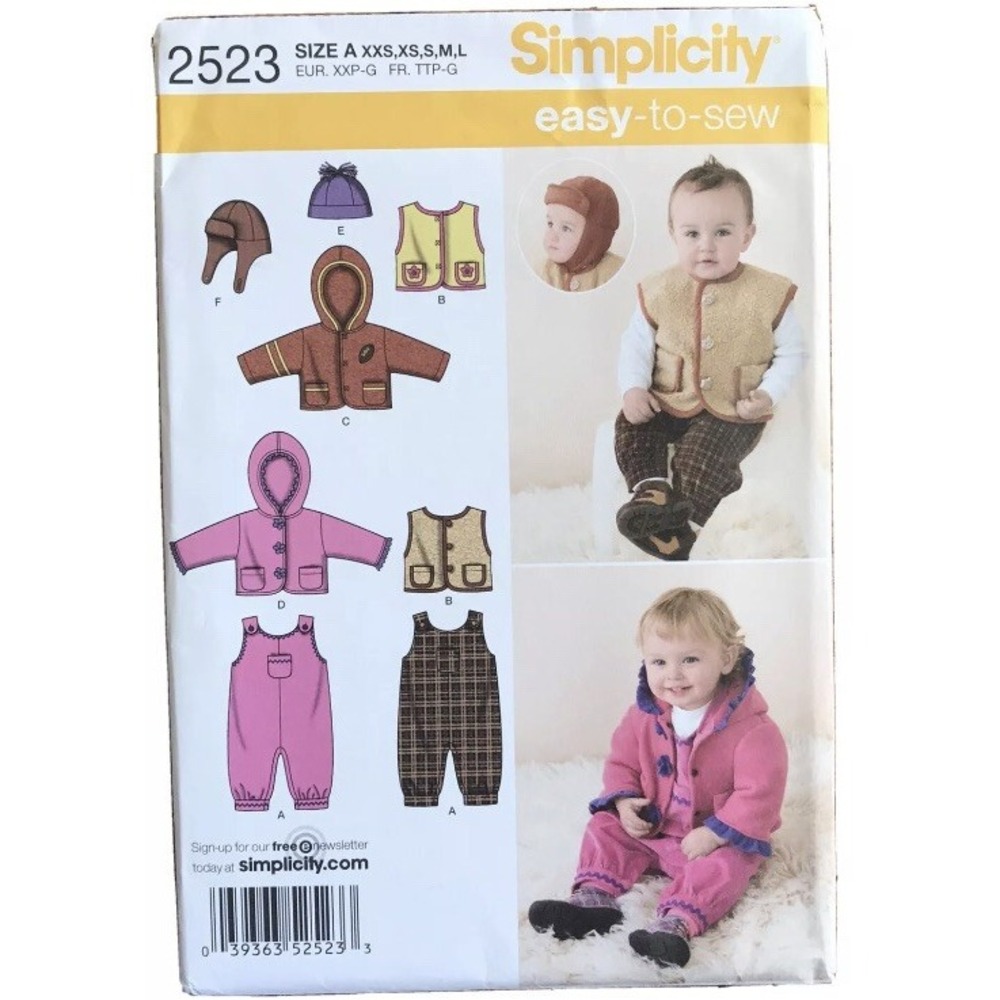 Simplicity Pattern 2523 Baby Kids Overalls Jacket or Vest Hats Size XXS-L Cut